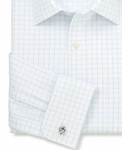 White Blue Cotton Twill Window Check Classic Fit Formal Shirt - Double Cuff
