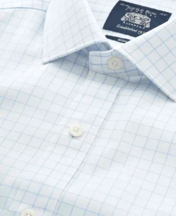 White Blue Cotton Twill Window Check Slim Fit Formal Shirt - Double Cuff