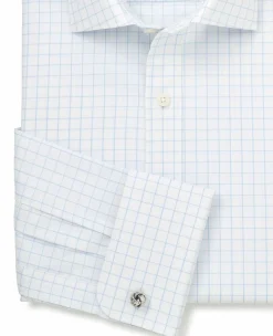 White Blue Cotton Twill Window Check Slim Fit Formal Shirt - Double Cuff