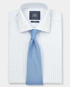 White Blue Cotton Twill Window Check Slim Fit Formal Shirt - Double Cuff