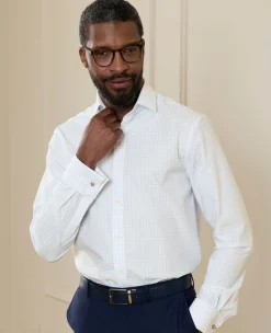 White Blue Cotton Twill Window Check Slim Fit Formal Shirt - Double Cuff