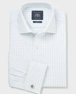 White Blue Cotton Twill Window Check Slim Fit Formal Shirt - Double Cuff