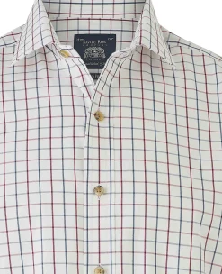 White Burgundy Cotton Tattersall Check Slim Fit Formal Shirt - Single Cuff