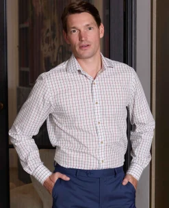 White Burgundy Cotton Tattersall Check Slim Fit Formal Shirt - Single Cuff