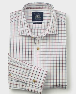 White Burgundy Cotton Tattersall Check Slim Fit Formal Shirt - Single Cuff