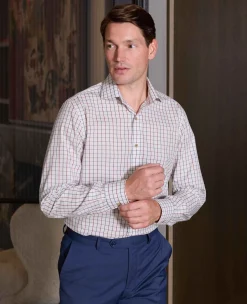 White Burgundy Cotton Tattersall Check Slim Fit Formal Shirt - Single Cuff