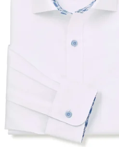 White Cotton Poplin Contrast Button Floral Trim Classic Fit Formal Shirt - Single Cuff