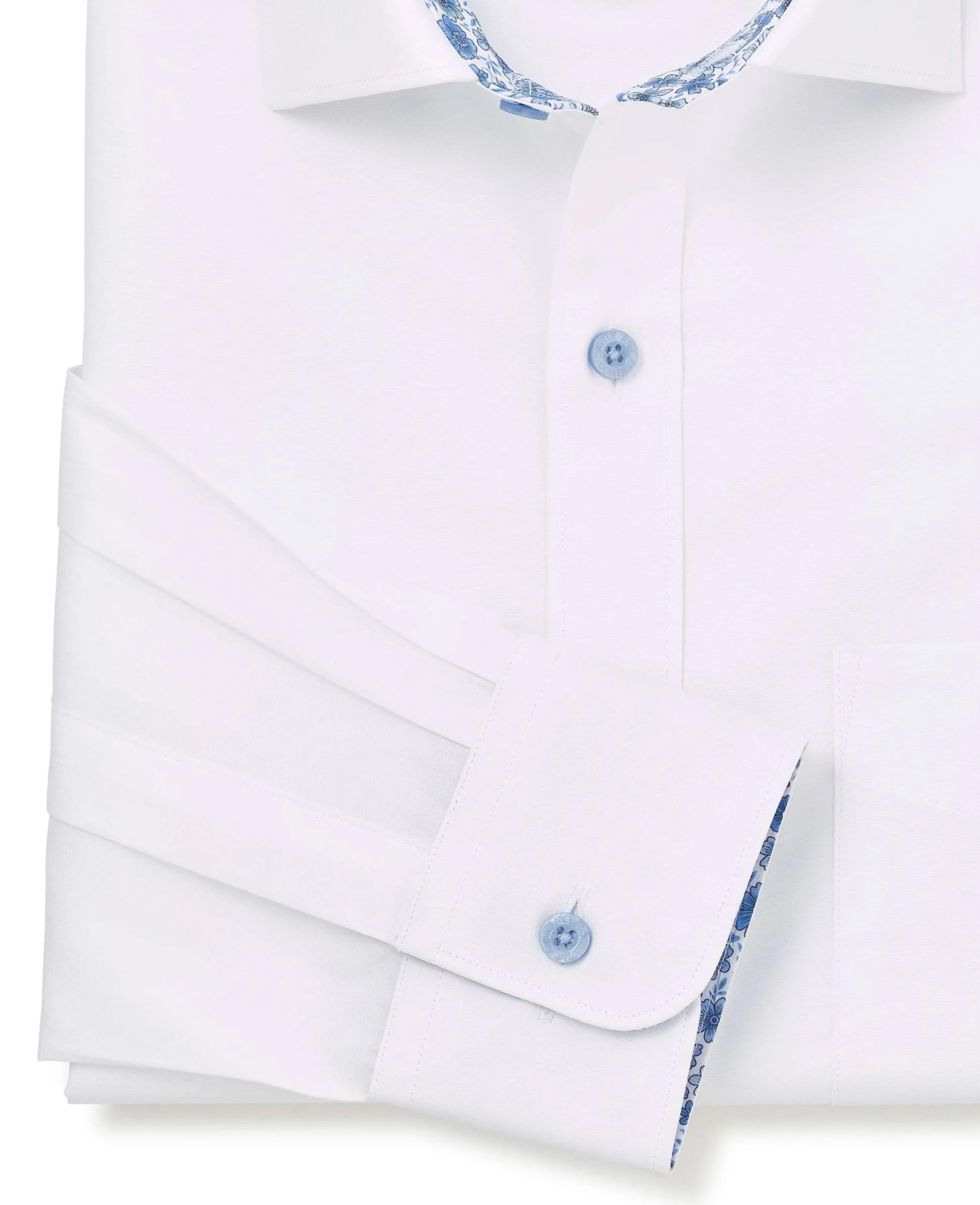 White Cotton Poplin Contrast Button Floral Trim Classic Fit Formal Shirt - Single Cuff