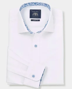 White Cotton Poplin Contrast Button Floral Trim Classic Fit Formal Shirt - Single Cuff