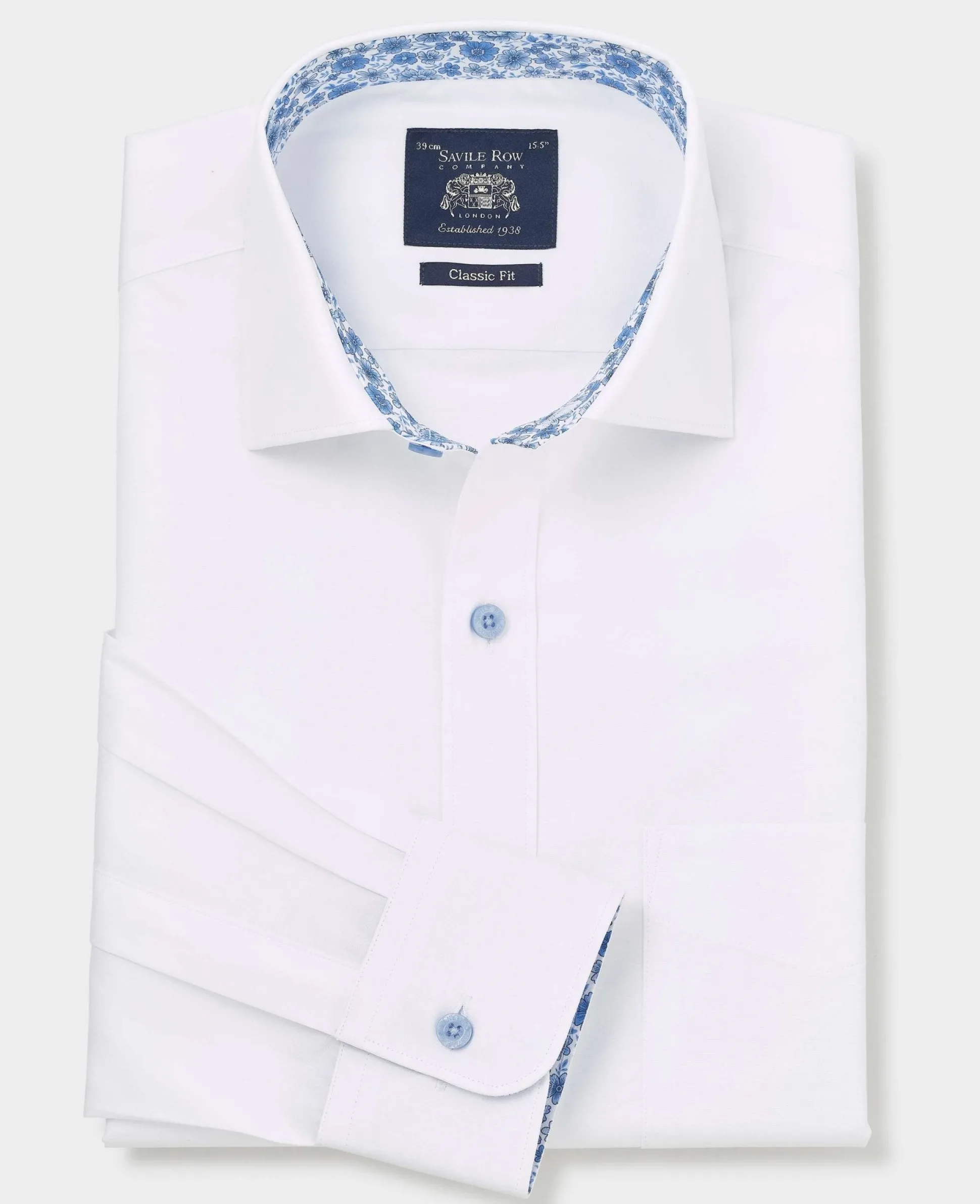 White Cotton Poplin Contrast Button Floral Trim Classic Fit Formal Shirt - Single Cuff