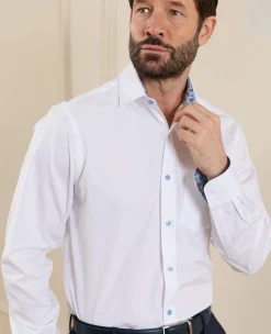 White Cotton Poplin Contrast Button Floral Trim Classic Fit Formal Shirt - Single Cuff
