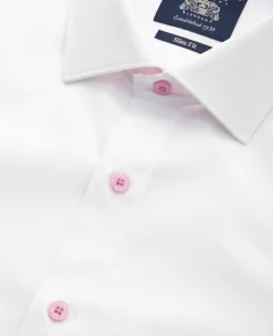 White Cotton Poplin Contrast Button Pink Gingham Trim Slim Fit Formal Shirt - Single Cuff
