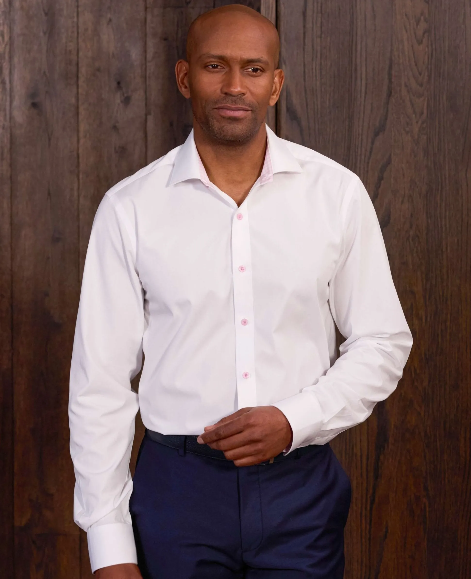 White Cotton Poplin Contrast Button Pink Gingham Trim Slim Fit Formal Shirt - Single Cuff