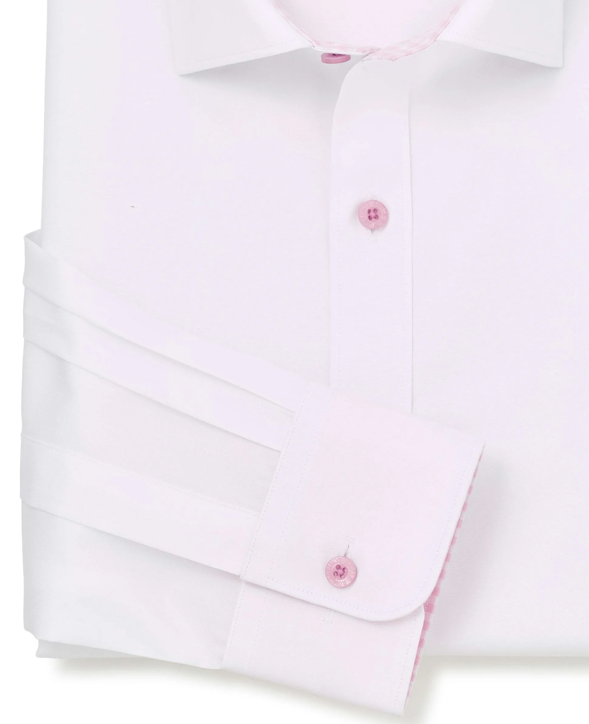 White Cotton Poplin Contrast Button Pink Gingham Trim Slim Fit Formal Shirt - Single Cuff