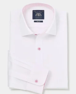 White Cotton Poplin Contrast Button Pink Gingham Trim Slim Fit Formal Shirt - Single Cuff