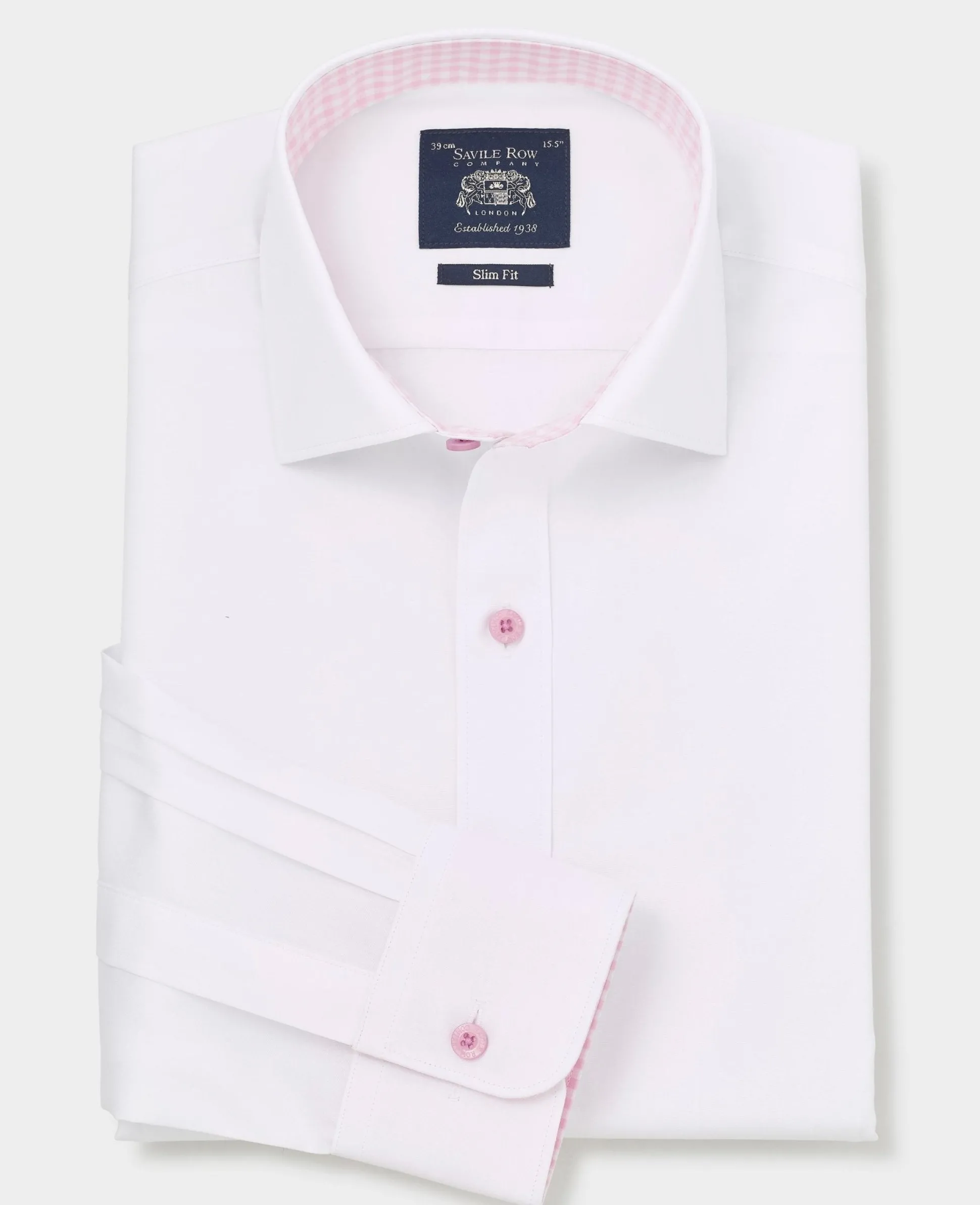 White Cotton Poplin Contrast Button Pink Gingham Trim Slim Fit Formal Shirt - Single Cuff