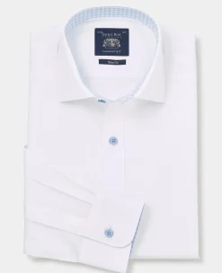 White Cotton Poplin Contrast Button Gingham Trim Slim Fit Formal Shirt - Single Cuff