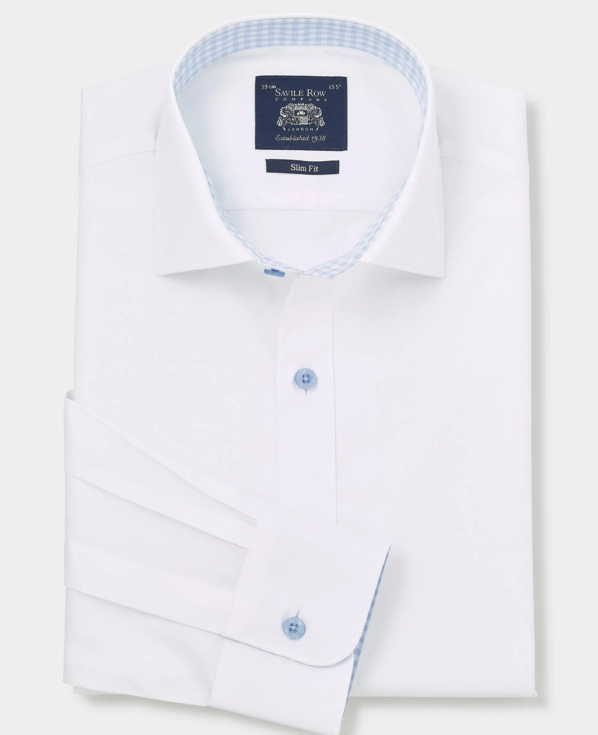 White Cotton Poplin Contrast Button Gingham Trim Slim Fit Formal Shirt - Single Cuff