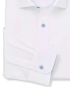 White Cotton Poplin Contrast Button Gingham Trim Slim Fit Formal Shirt - Single Cuff