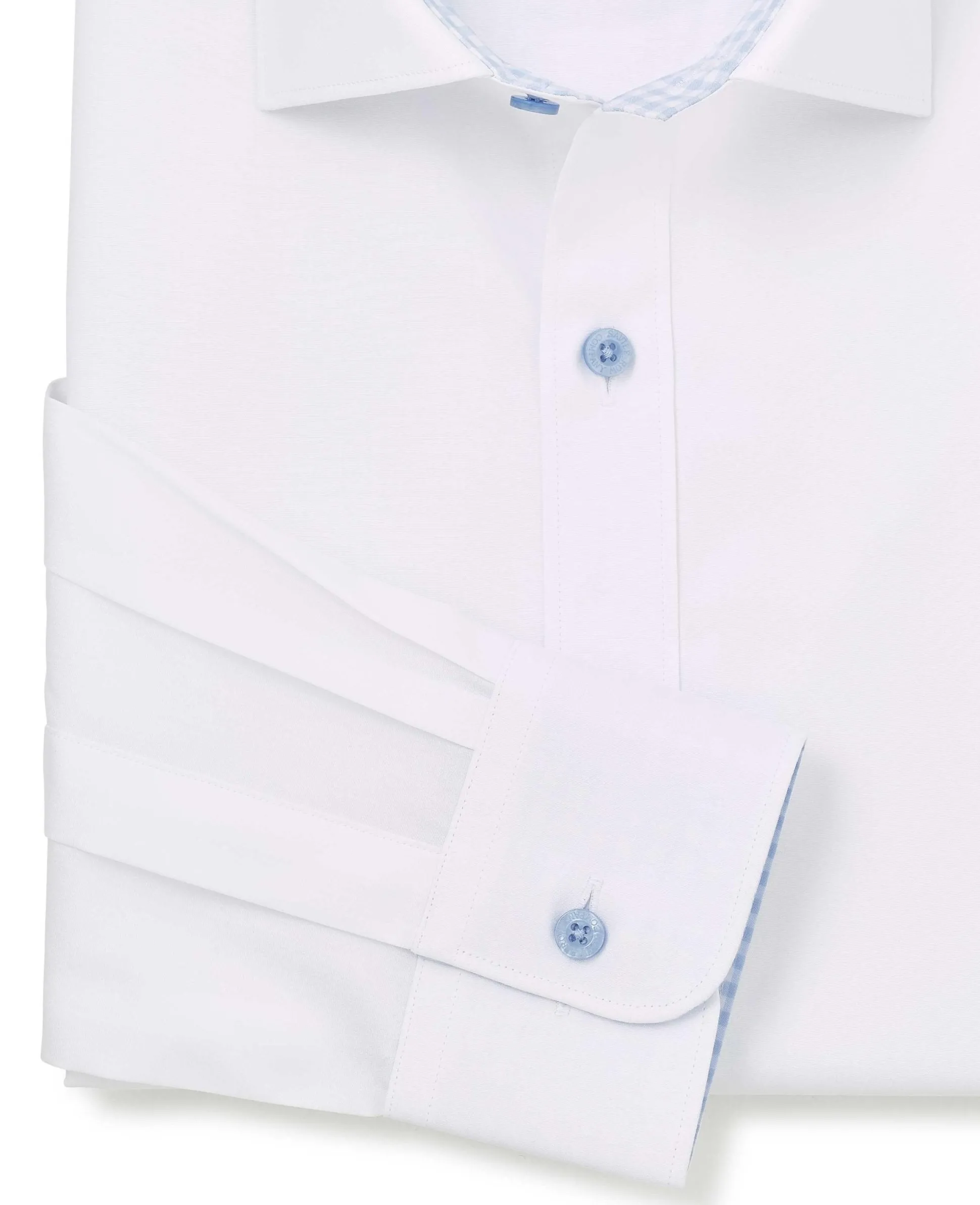 White Cotton Poplin Contrast Button Gingham Trim Slim Fit Formal Shirt - Single Cuff