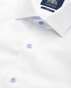 White Cotton Poplin Contrast Button Gingham Trim Slim Fit Formal Shirt - Single Cuff