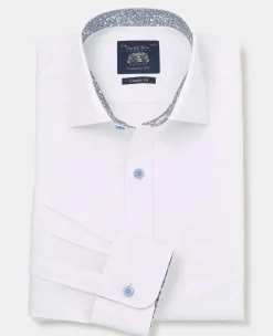 White Cotton Poplin Contrast Button Paisley Trim Classic Fit Formal Shirt - Single Cuff