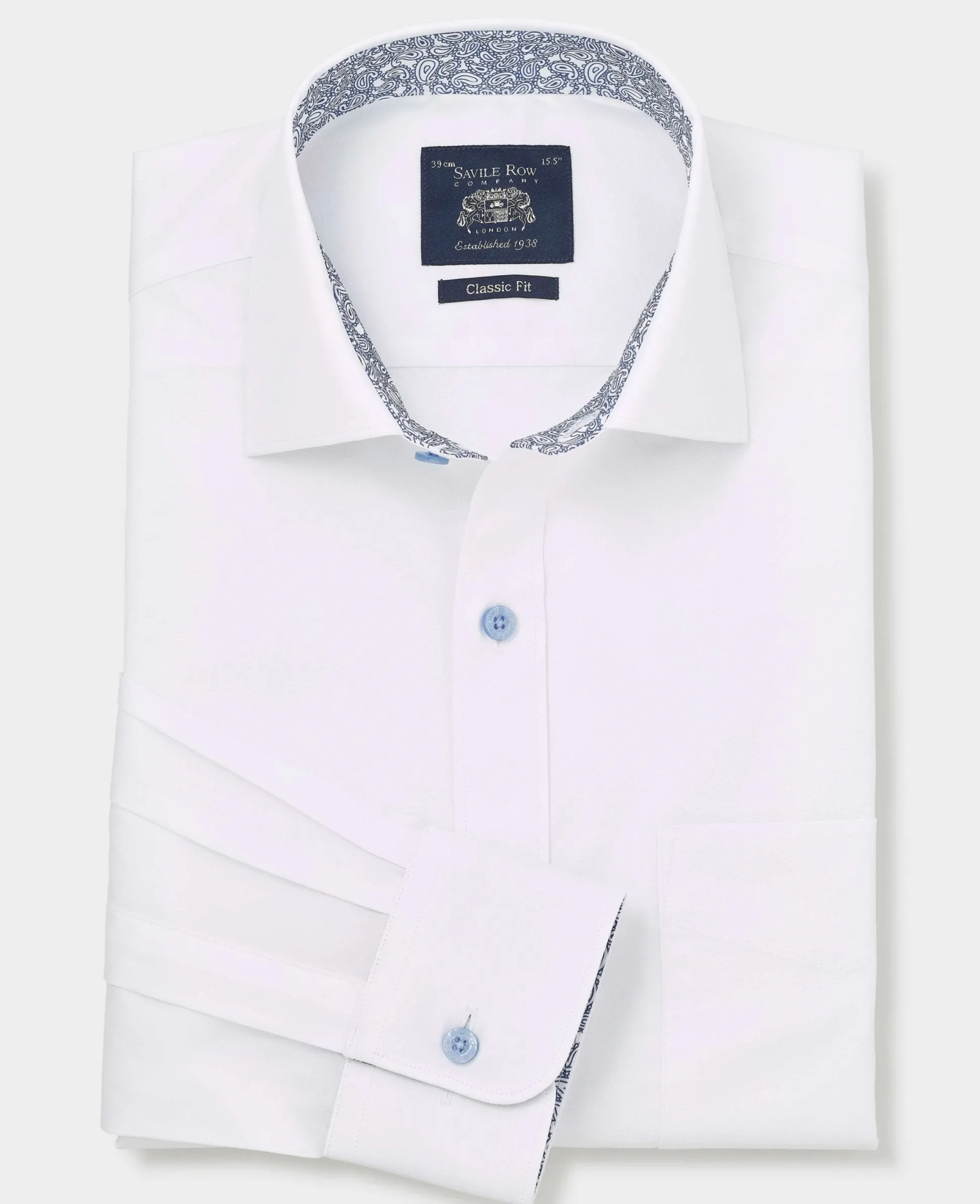 White Cotton Poplin Contrast Button Paisley Trim Classic Fit Formal Shirt - Single Cuff