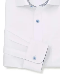 White Cotton Poplin Contrast Button Paisley Trim Classic Fit Formal Shirt - Single Cuff
