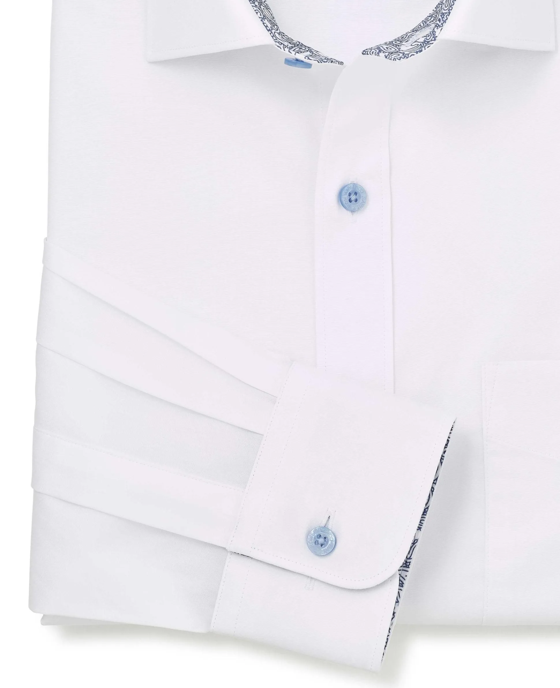 White Cotton Poplin Contrast Button Paisley Trim Classic Fit Formal Shirt - Single Cuff