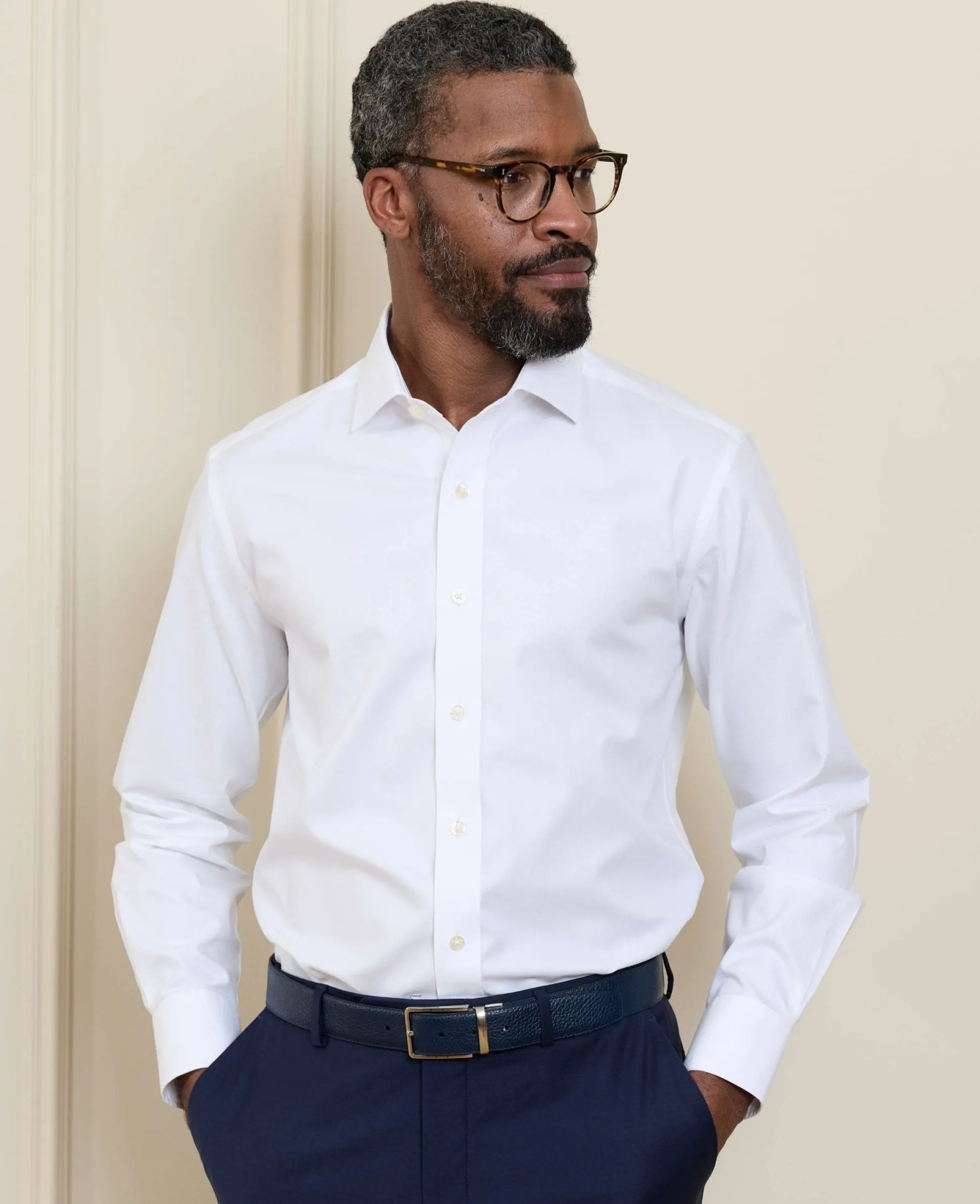 White Cotton Twill Slim Fit Non-Iron Shirt - Single Cuff