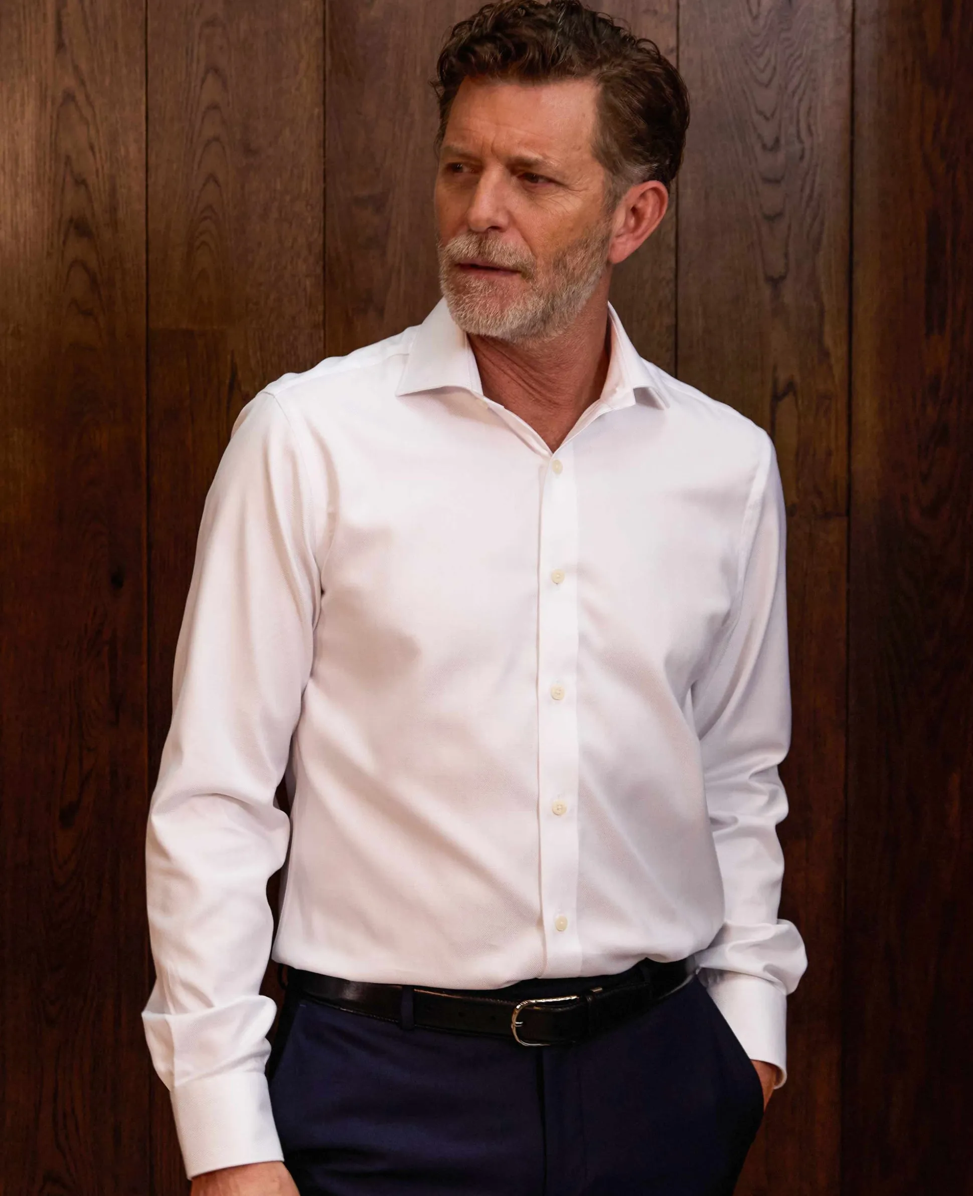 White Herringbone Cotton Slim Fit Formal Shirt - Single Cuff