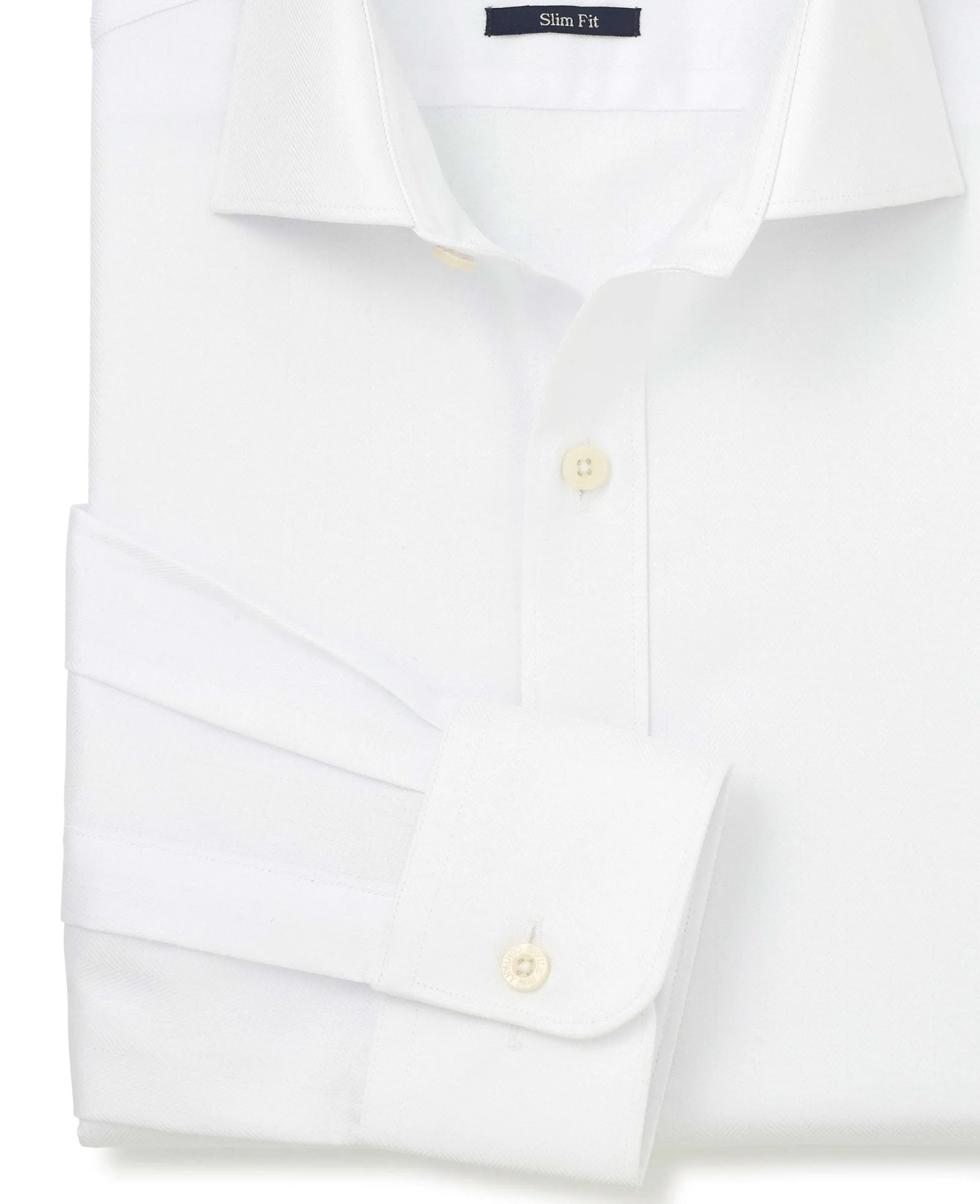 White Herringbone Cotton Slim Fit Formal Shirt - Single Cuff
