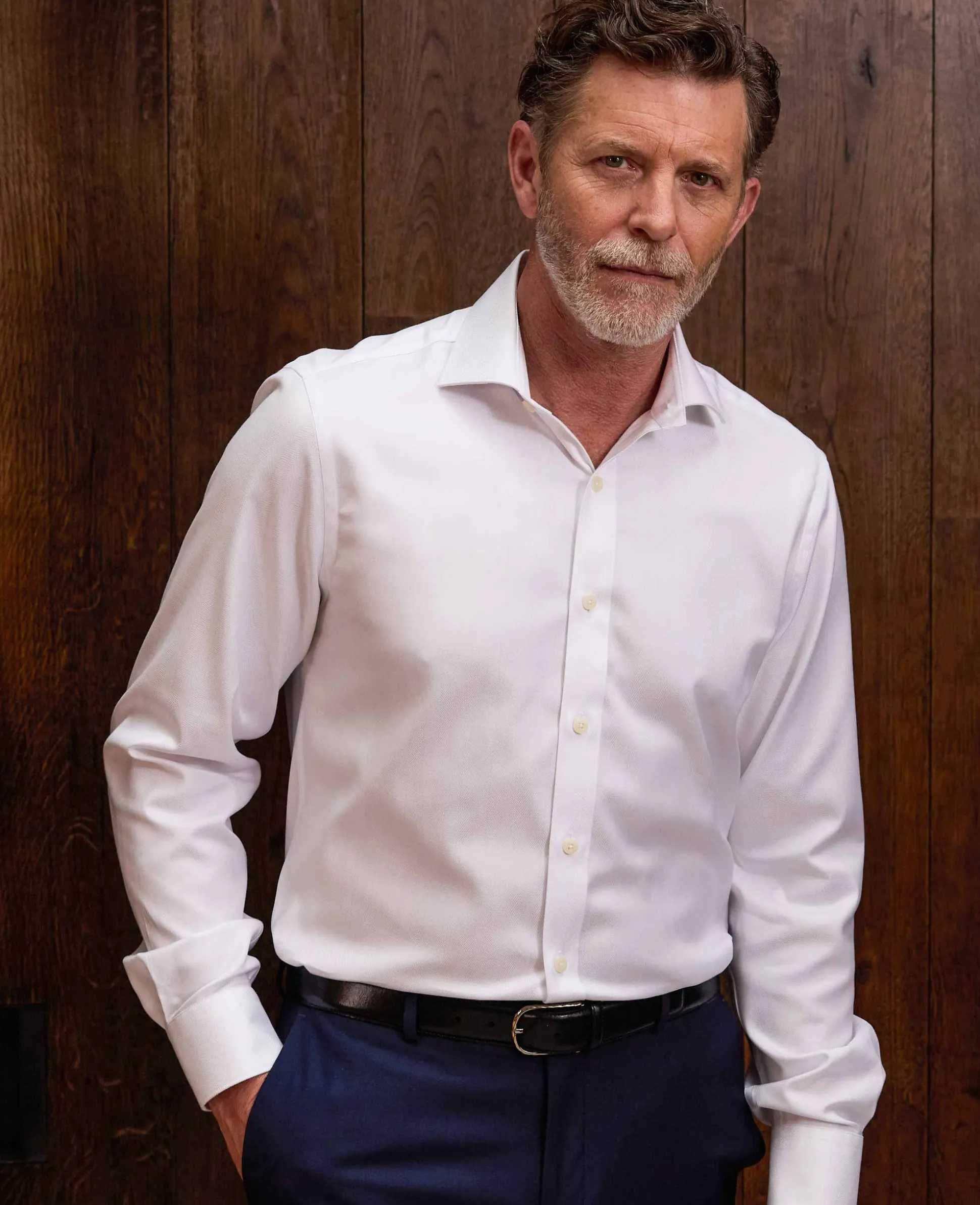 White Herringbone Cotton Slim Fit Formal Shirt - Single Cuff