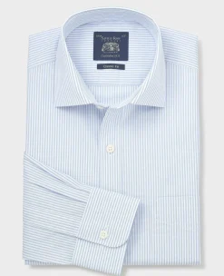 White Light Blue Cotton Poplin Classic Fit Stripe Formal Shirt - Single Cuff
