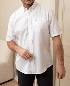 White Linen-Blend Classic Fit Short Sleeve Shirt