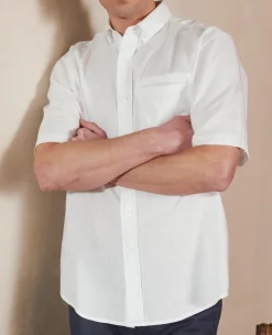 White Linen-Blend Classic Fit Short Sleeve Shirt