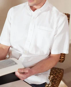 White Linen-Blend Classic Fit Short Sleeve Shirt