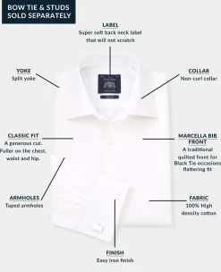 White Marcella Bib Front Classic Fit Dress Formal Shirt - Double Cuff
