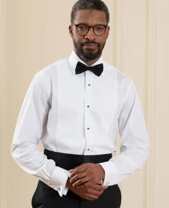 White Marcella Bib Front Classic Fit Dress Formal Shirt - Double Cuff