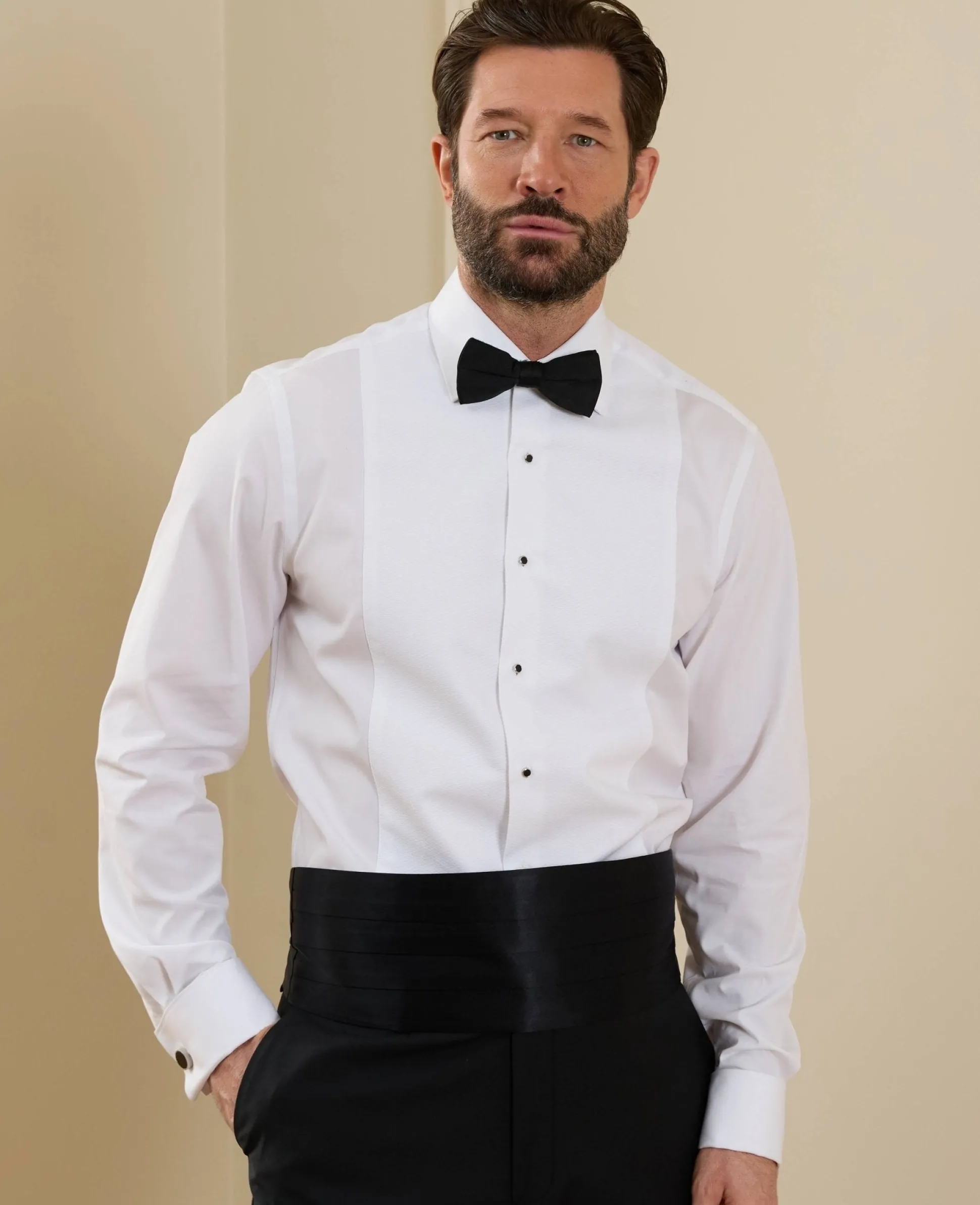White Marcella Bib Front Slim Fit Evening Double Cuff Formal Shirt