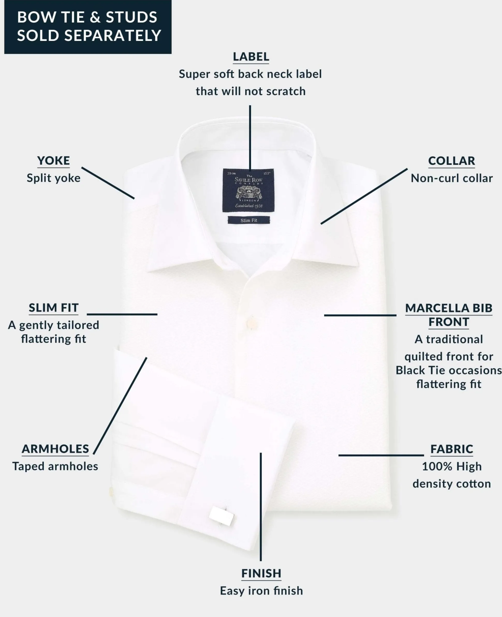 White Marcella Bib Front Slim Fit Evening Double Cuff Formal Shirt