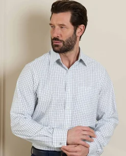 White Navy Cotton Twill Window Check Classic Fit Formal Shirt - Double Cuff