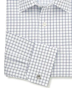 White Navy Cotton Twill Window Check Classic Fit Formal Shirt - Double Cuff