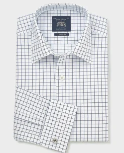 White Navy Cotton Twill Window Check Classic Fit Formal Shirt - Double Cuff