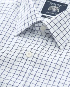 White Navy Cotton Twill Window Check Classic Fit Formal Shirt - Double Cuff