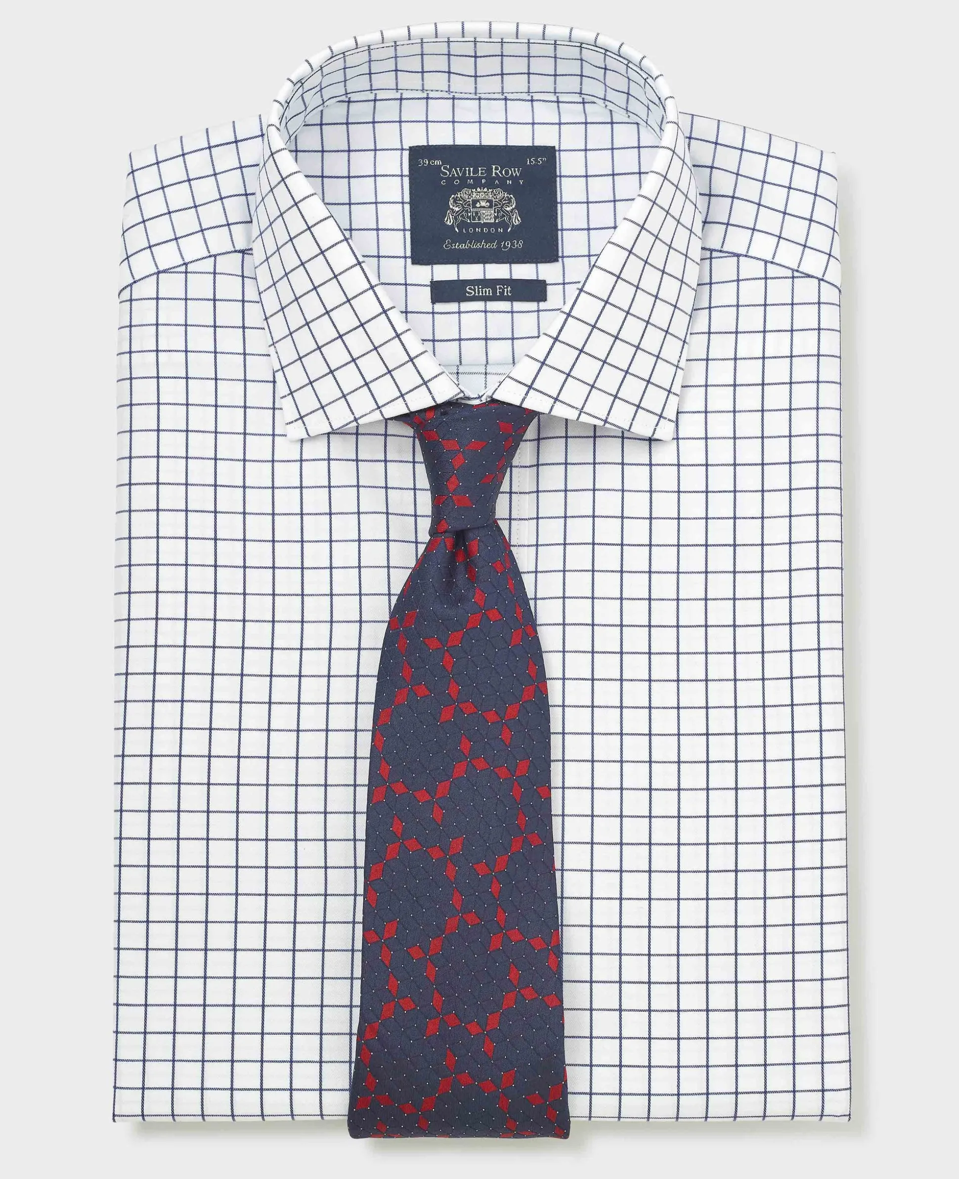 White Navy Cotton Twill Window Check Slim Fit Formal Shirt - Double Cuff