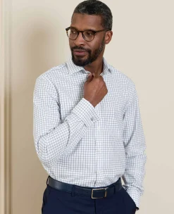 White Navy Cotton Twill Window Check Slim Fit Formal Shirt - Double Cuff