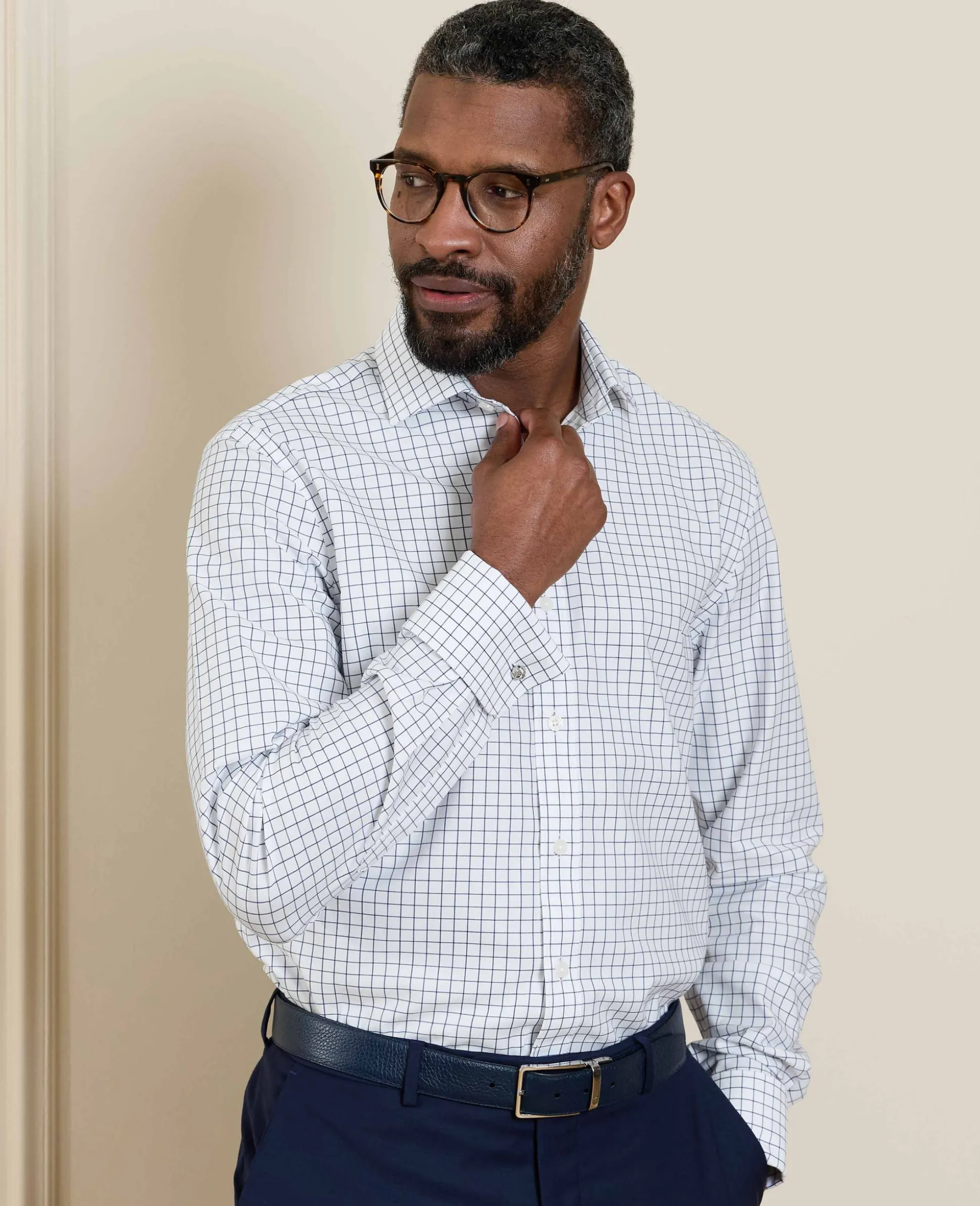 White Navy Cotton Twill Window Check Slim Fit Formal Shirt - Double Cuff