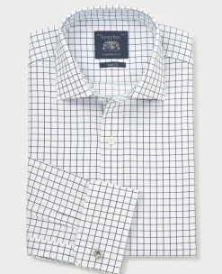 White Navy Cotton Twill Window Check Slim Fit Formal Shirt - Double Cuff