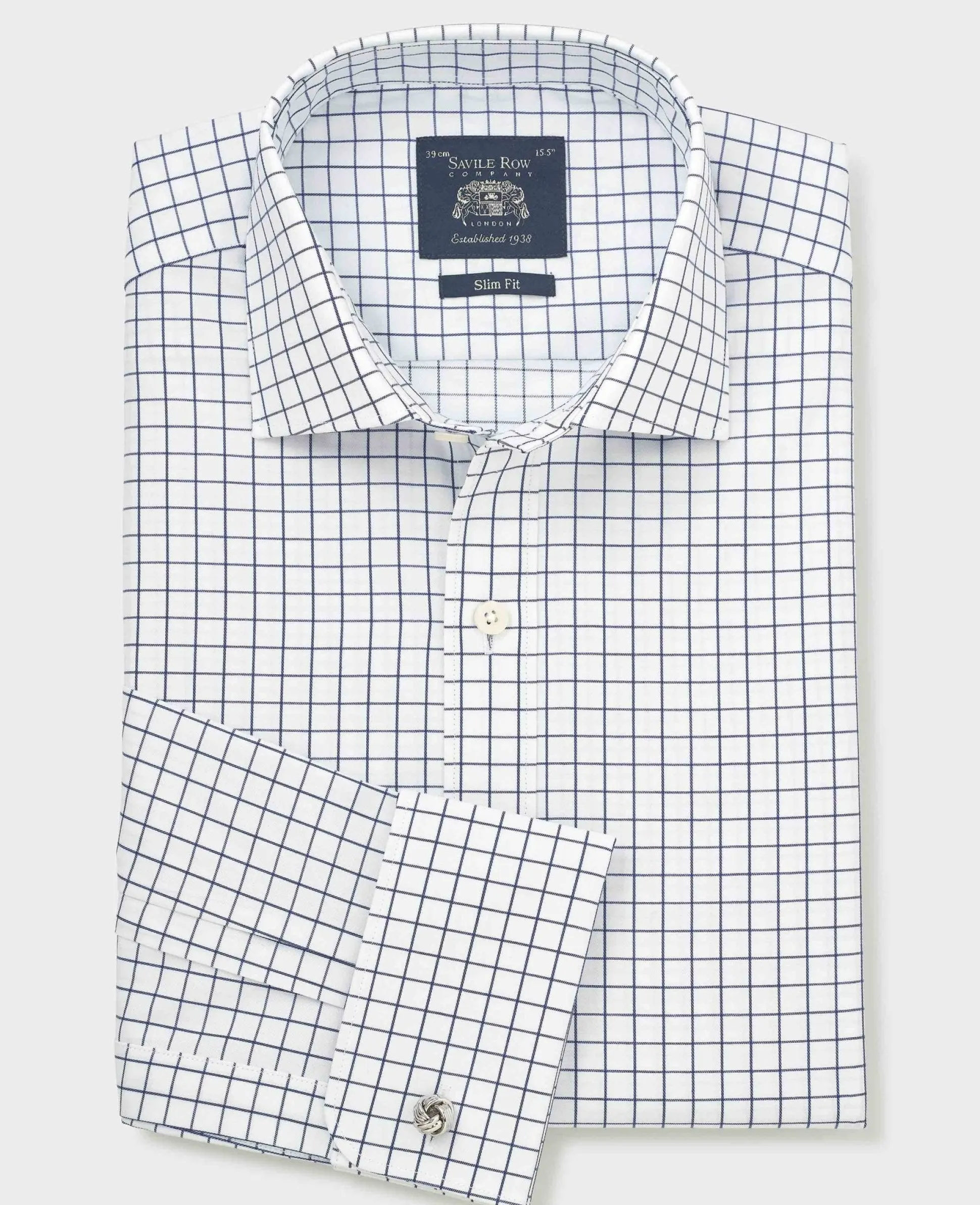 White Navy Cotton Twill Window Check Slim Fit Formal Shirt - Double Cuff